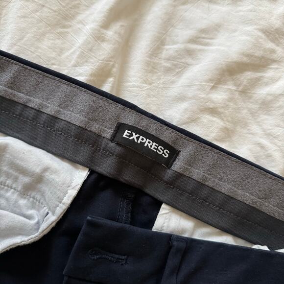 EXPRESS Mens Dark Navy Blue Cotton Blend Trouser Pants 33 x 30 Slim Straight Leg - Picture 2 of 10